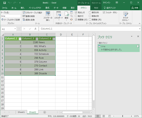 クエリエディターで設定したデータがExcelの新しいワークシートに読み込まれた画面