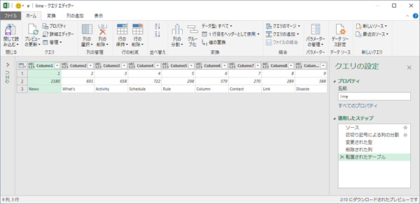 クエリエディターで行と列を入れ替えた画面