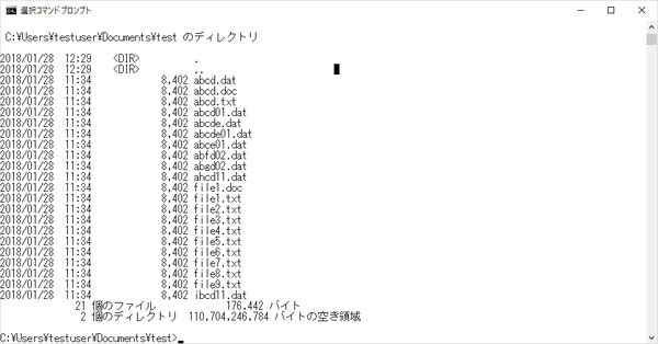 コマンドプロンプトでフォルダ内のファイル群を表示した画像