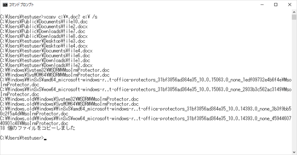 「xcopy c:\*.doc? e:\ /s」を実行した画面