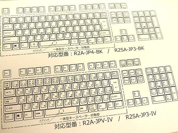 REALFORCE A、REALFORCE SA付属のキー配列表