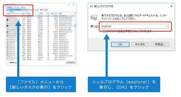 タスクマネージャーでシェルプログラムを起動する画面