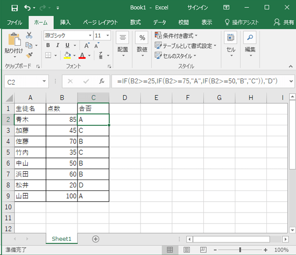 「=IF(B2>=25,IF(B2>=75,“A”,IF(B2>=50,”B”,”C”)),”D”)」の結果