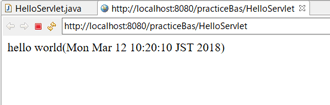 Servletの実行結果、「hello, world（現在日時）」が表示されている