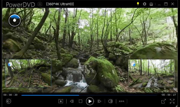 360°動画の再生：左後、右後のウィンドウサイズは任意に変更可能です。（画像は最大にした状態です。）