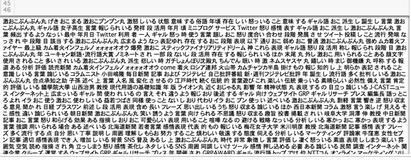 冒頭の「激おこぷんぷん丸」のテキストを単語に分解、名詞・動詞・形容詞を抽出