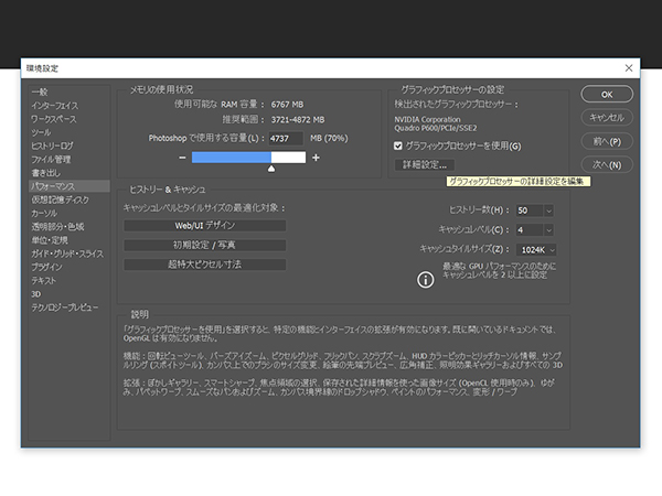 グラフィックプロセッサーの設定内の「詳細設定」ボタンをクリック