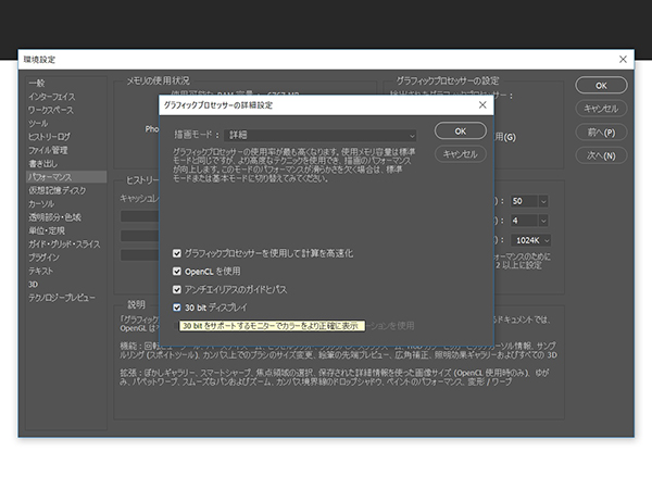 グラフィックプロセッサーの詳細設定メニューが開くので、描画モードのプルダウンメニューより「標準」もしくは「詳細」を選択し、「30bitディスプレイ」にチェックを入れる
