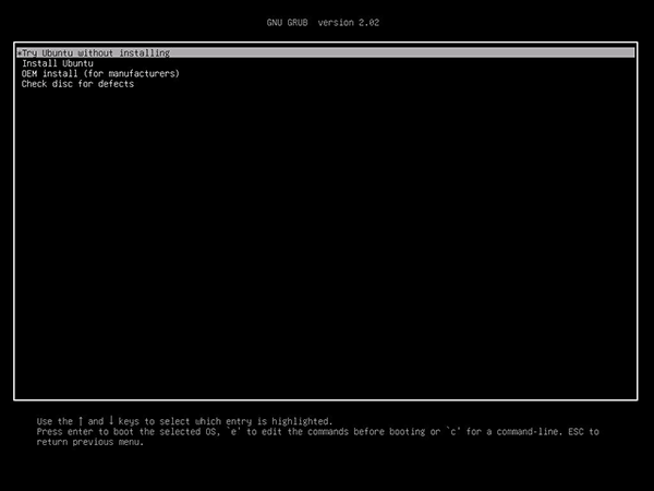 「GNU GRUB」の画面