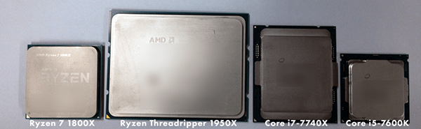 ヒートスプレッダー側から見た「Ryzen Threadripper」と「Ryzen 7」、「Core X(LGA2011)」「Core i5(LGA1151)」