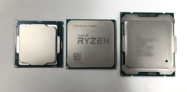 ヒートスプレッダー側から見た「Ryzen」とインテルCore i7-7700、インテルCore i7-6800K