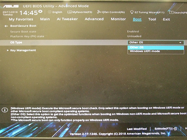 BIOSメニュー内で、Secure Bootを【無効】にします。 ASUS製マザーボードの場合は、Secure BootのOS Type を「Other OS」に設定。