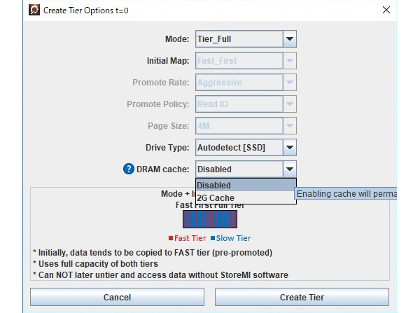 DRAM cache の項目で「2G Cache」を選択して、DRAMキャッシュを組み込みます。