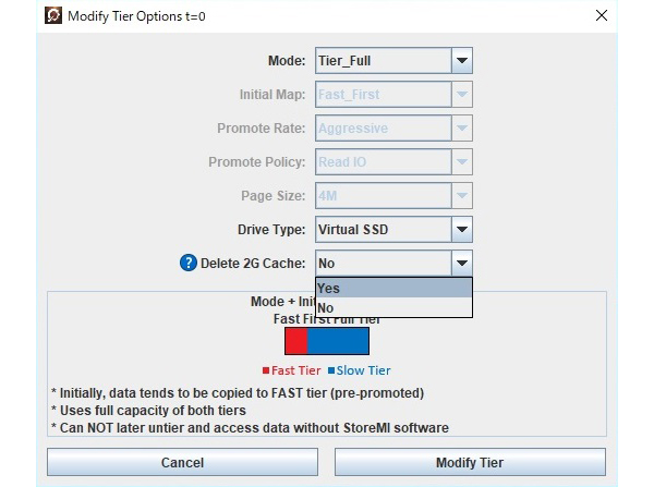 Delete 2G Cache で「YES」を選択して、Modify Tierを実行すればDRAMキャッシュが取り外されます。