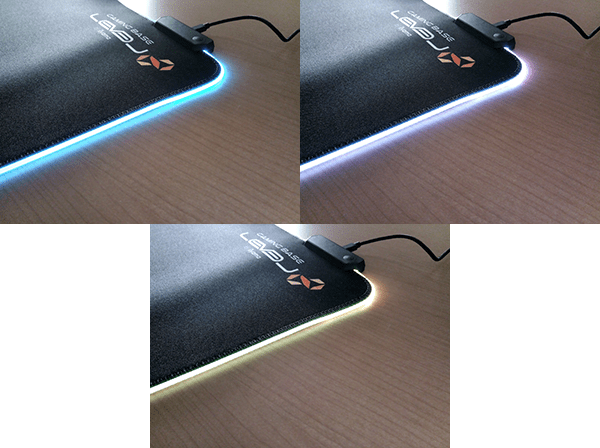 ゲーミングマウスパッド LEV-RGB-DM01/BKのLEDを発光(水色、白、黄色)