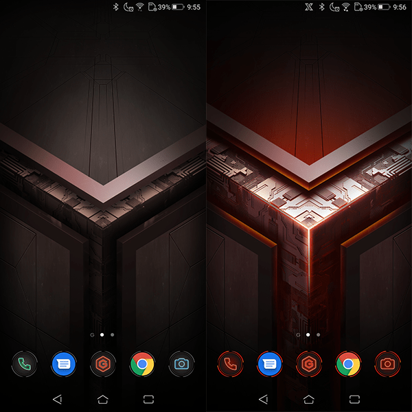 ASUS「ROG Phone」のホーム画面 (左)通常時、(右)Xモード起動時
