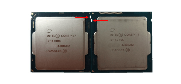 CPUヒートスプレッダー側：左がSkylake「Core i7-6700K」、右がBroadwell「Core i7-5775C」