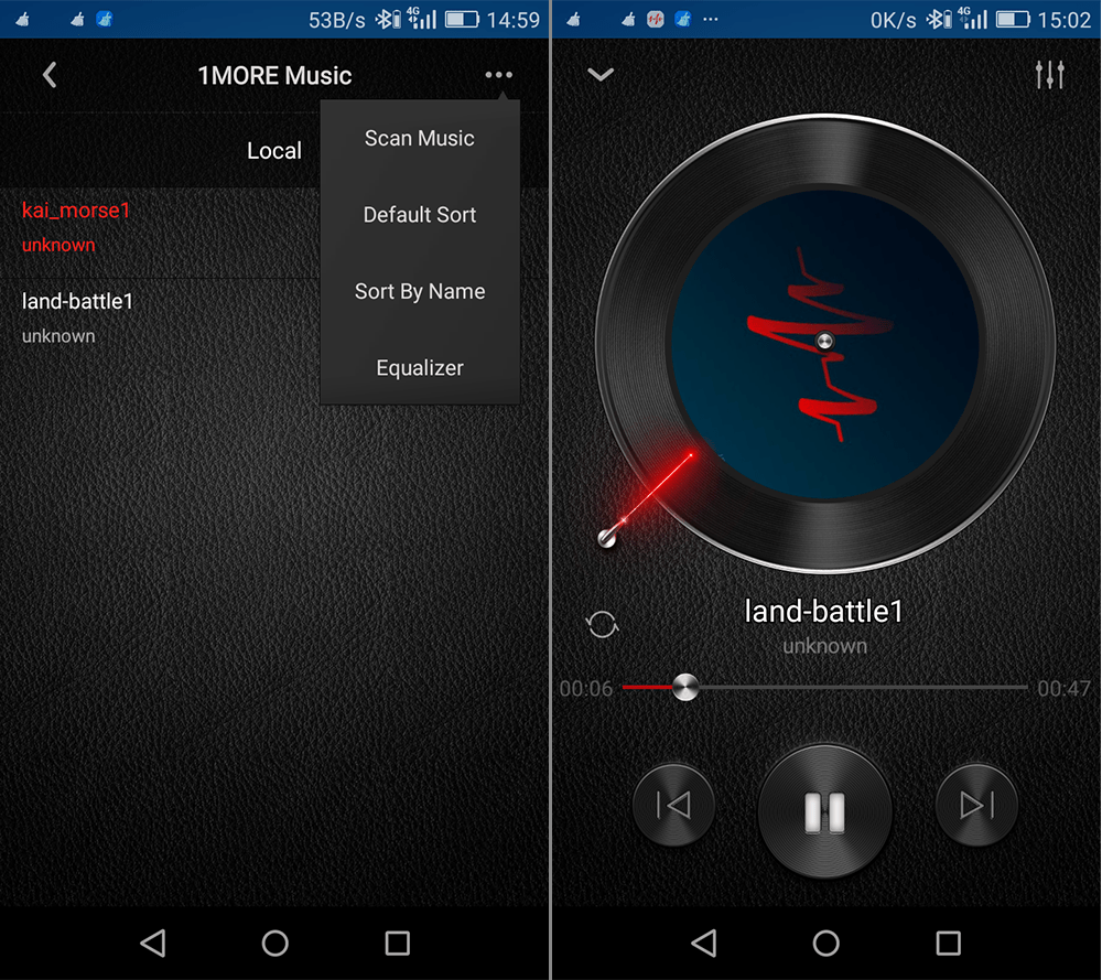 1MORE Assistant の音楽のジャンル選択と低・高音域の増強設定画面(左)、音楽再生画面(右)