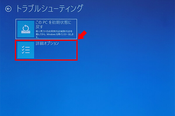 トラブルシューティング画面で「詳細オプション」を選択