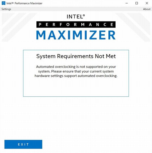 Intel Performance Maximizerを非対応BIOSで実行した際のエラーメッセージ