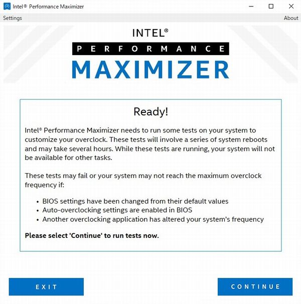 Intel Performance Maximizerのパフォーマンスアップ設定用テスト実行を促す画面