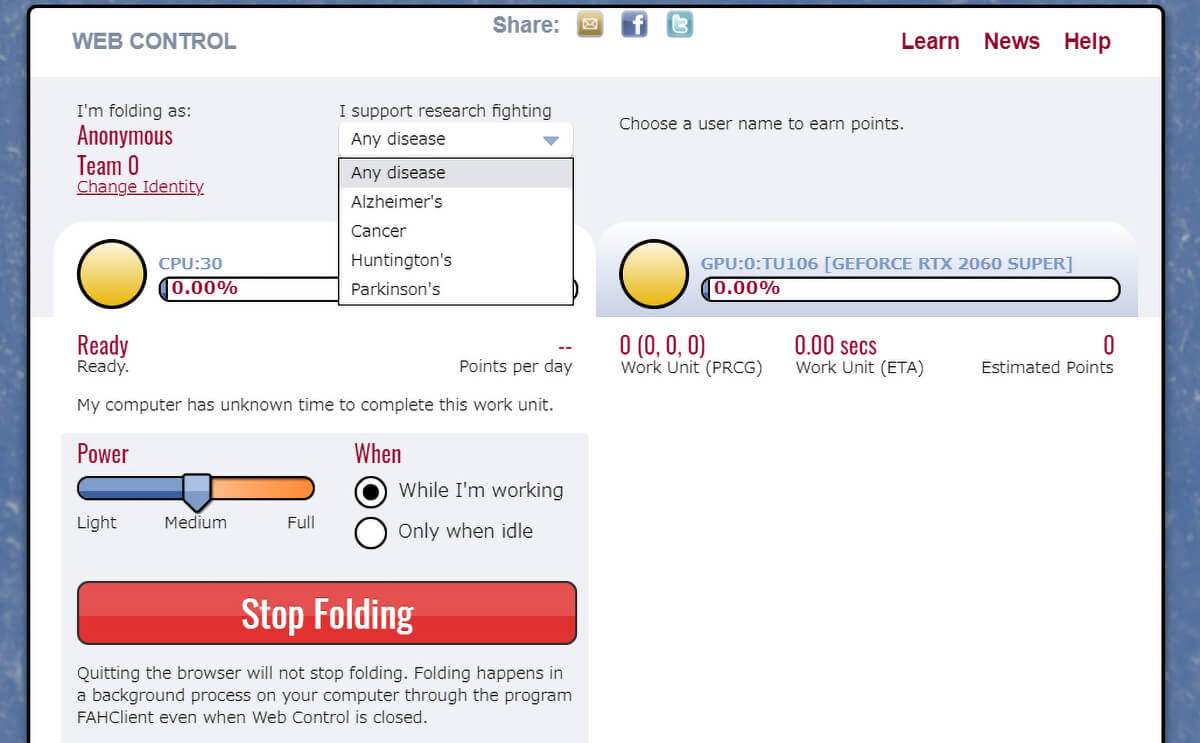 Folding@home WEBコントロール画面で解析に参加する病気を選択