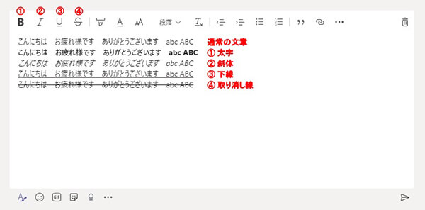 Teamsチャットでの太字、斜体、下線、取り消し線入力例