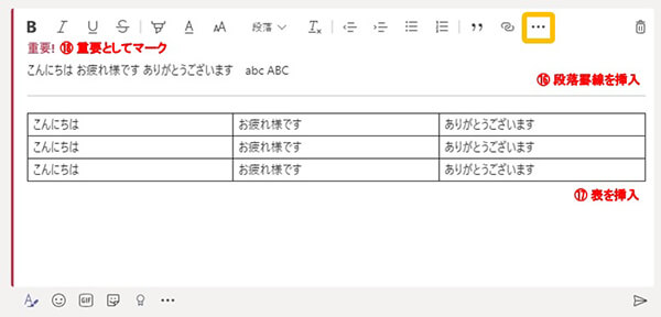 Teamsチャットでの段落罫線、表、重要としてマークの入力例