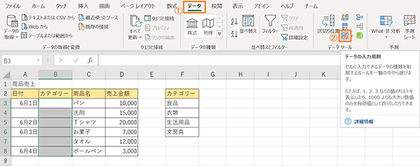 「データの入力規則」のアイコンをクリック