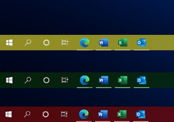 タスクバーの色を黄、緑、赤に変更したときの様子