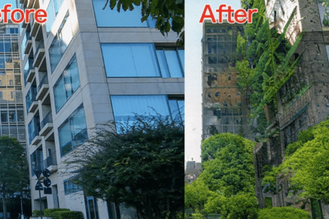 Photoshop 新機能「風景ミキサー」で都市を緑生い茂る廃墟に一発変換のイメージ画像