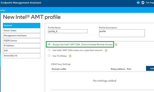 インテル AMT プロファイル作成画面