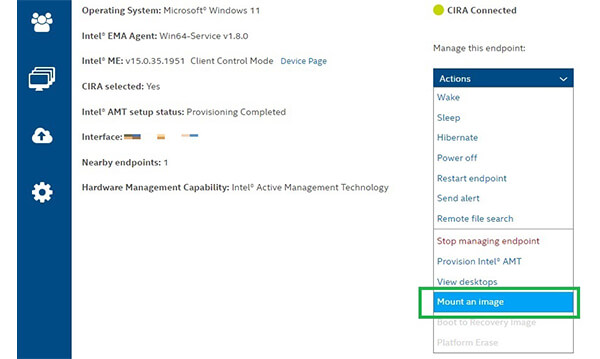「Actions」ボタンより「Mount an image」を選択