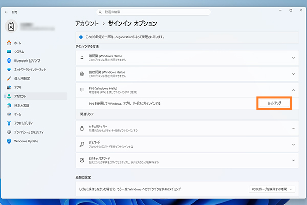 サインイン オプションのウィンドウ