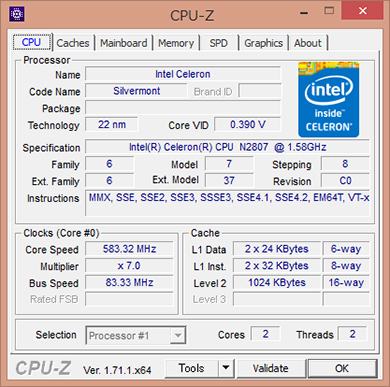 LIVA CPU情報(CPU-Z)